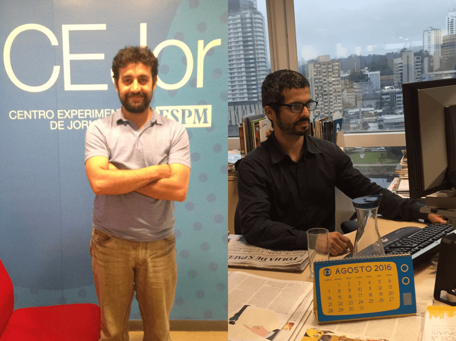 Edson Capoano, na Agência de Jornalismo da ESPM-SP e Marco Sabino, na sede da Globo em São Paulo Foto: Bia Francischinelli